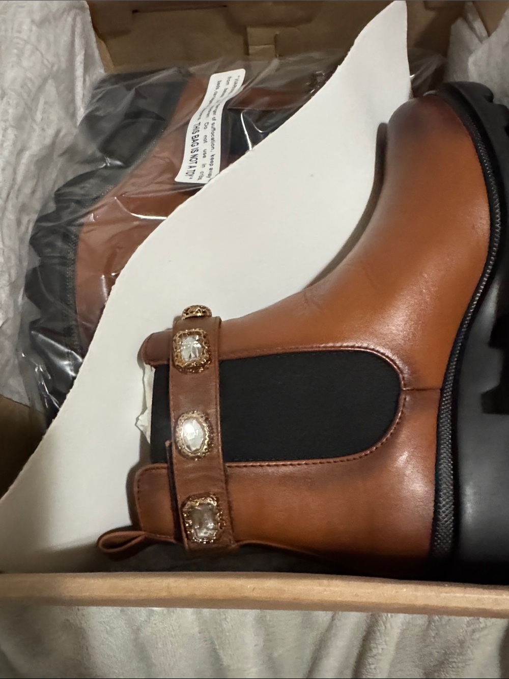 Women's Brown Leather Chelsea Boots with Embellished Strap